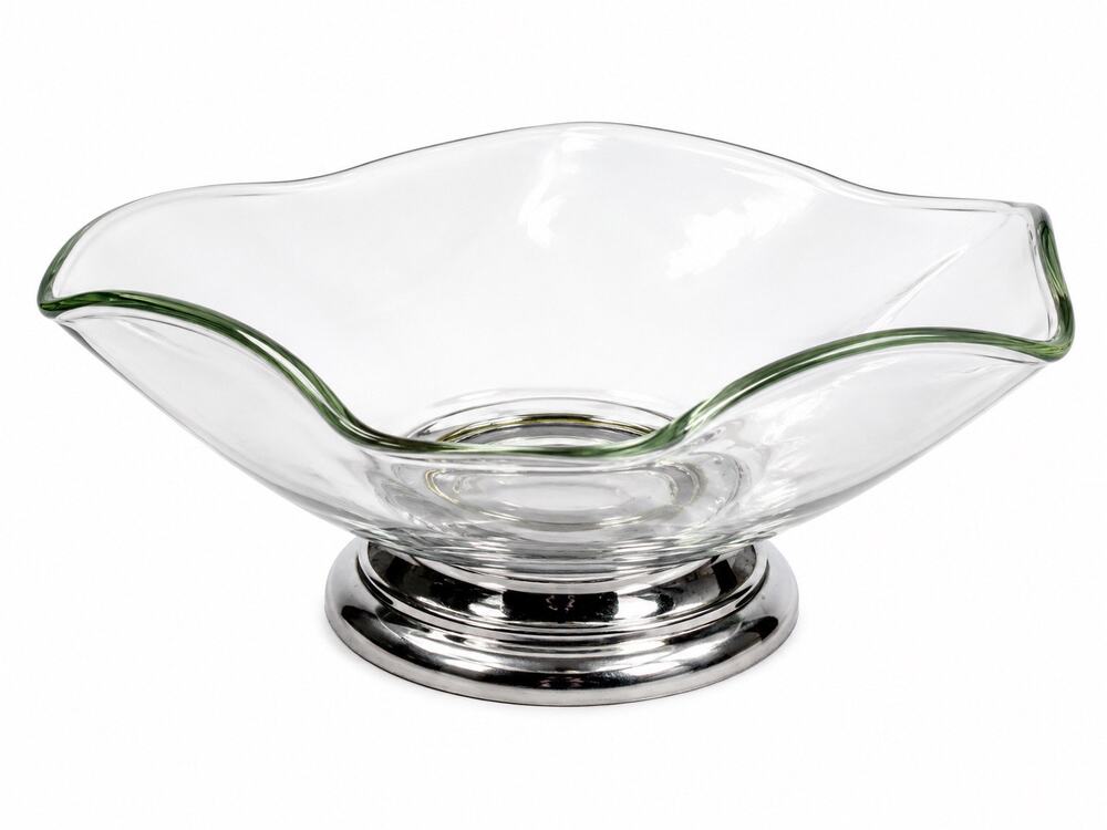 Vintage Clear Glass Pedestal Bowl Wavy Rim Silver Tone Base 10 Inch Centerpiece